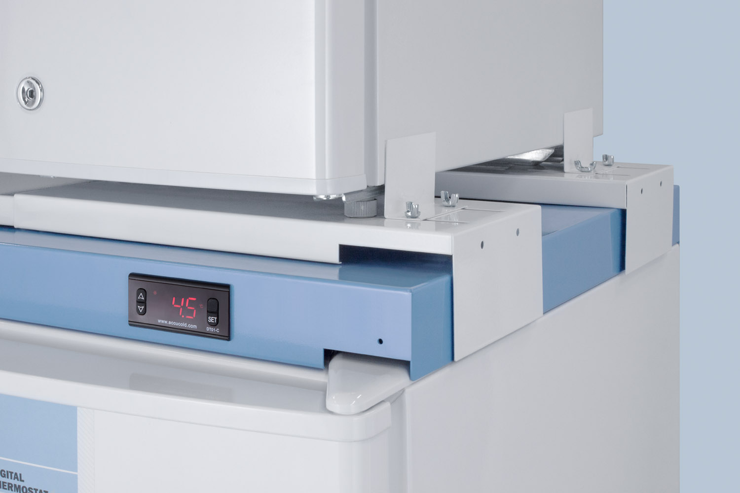 Stacked combination of FFAR10MED2 auto defrost all-refrigerator and FS24LMED2 compact manual defrost all-freezer, both with locks, digital controls, and NIST calibrated alarm/thermometers